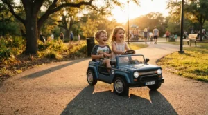 Happy friends enjoying a long battery run time in their white two-seater electric ride-on car for two kids at the park.