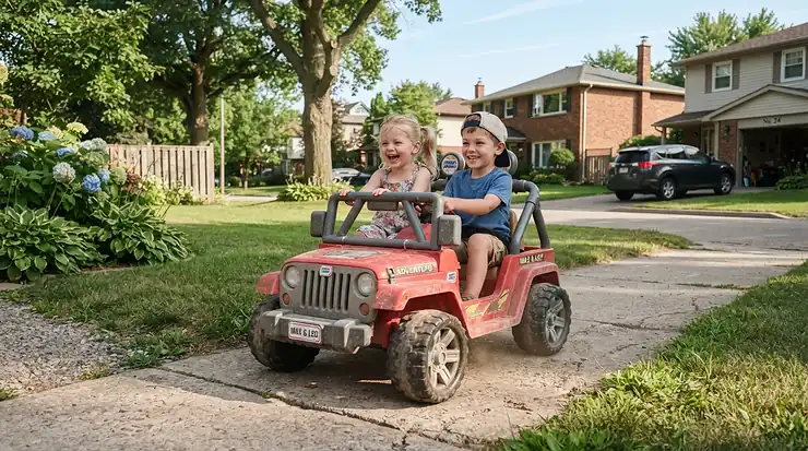 Neighbors riding together in a sleek black two-seater electric ride-on car for two kids on a Canadian neighborhood sidewalk.