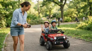 Parent using a remote control while two toddlers steer their two-seater electric ride-on car for two kids.