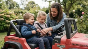 Parent securing safety belts for both riders inside a blue two-seater electric ride-on car for two kids.