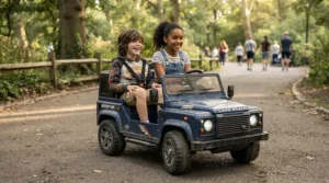 Two older kids comfortably testing the combined weight limit in a sturdy two-seater electric ride-on car for two kids.