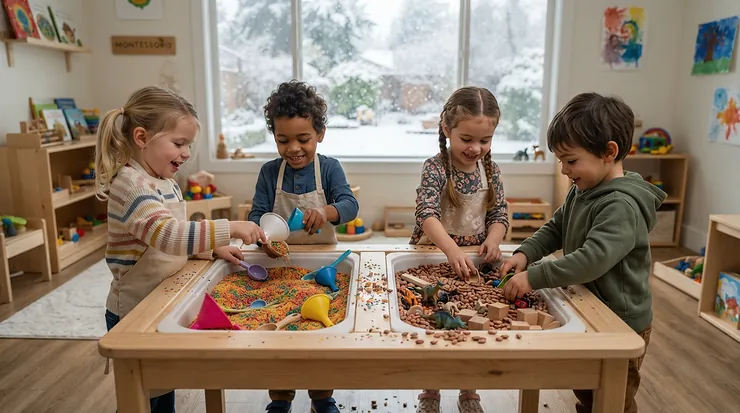 Children using a sand and water table combo for indoor sensory activities during Canadian winters